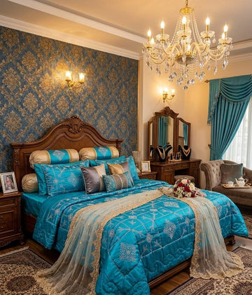 Luxury 9-Piece Silk & Velvet Bridal Bedding Set – Royal Turquoise Blue & Gold