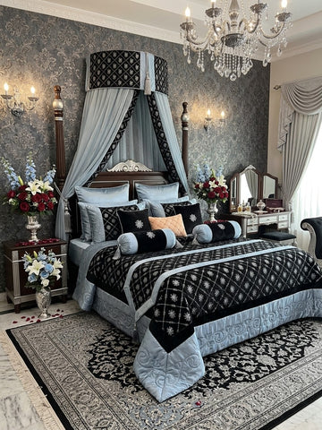 Luxury 9-Piece Silk & Velvet Bridal Bedding Set – Deep Charcoal Black & Silver Grey