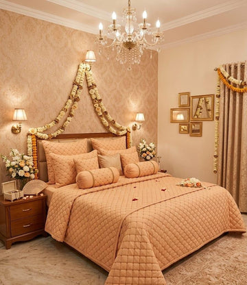 Luxury 9-Piece Silk & Velvet Bridal Bedding Set – Peach & Soft Salmon Pink