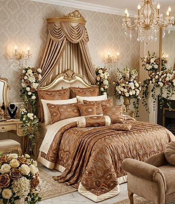 Luxury 9-Piece Silk & Velvet Bridal Bedding Set – Antique Gold & Champagne