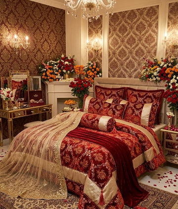 Luxury 9-Piece Silk & Velvet Bridal Bedding Set – Crimson Red & Deep Maroon