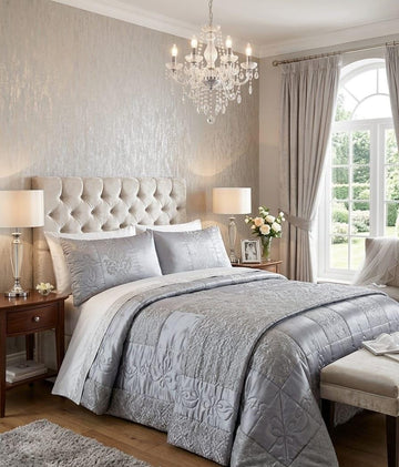 Luxury 9-Piece Silk & Velvet Bridal Bedding Set – Classic Silver Grey & Light Ash