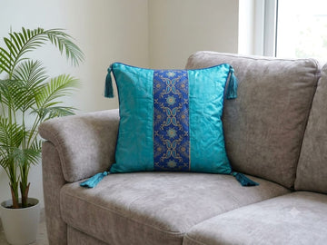 Luxury 16x16 Fancy Cushion – Turquoise Blue with Gold & Navy Embroidered Strip