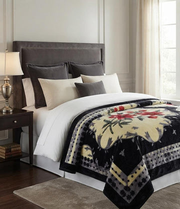 Moro Gold Single Pure Wool Blanket – Black & White Red Floral