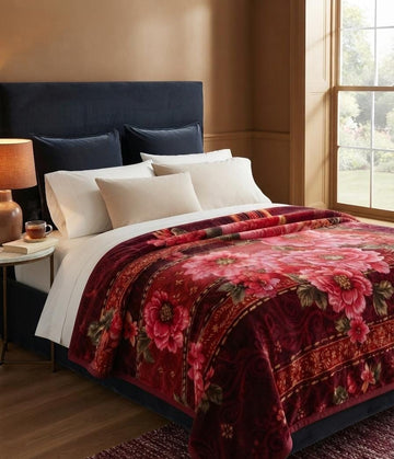 Moro Gold Single Pure Wool Blanket – Deep Crimson Floral