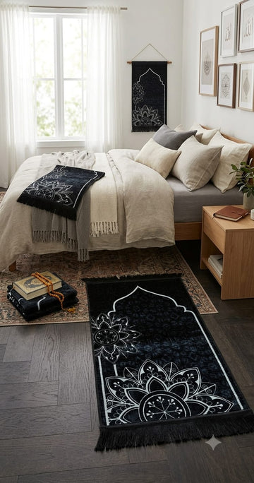 Charcoal Black Floral Velvet Prayer Mat