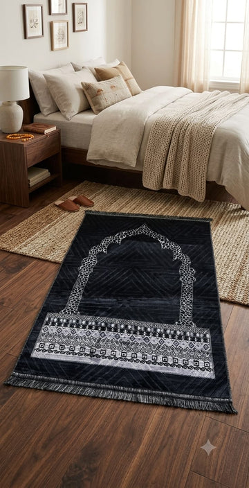 Onyx Black Mihrab Arch Velvet Prayer Mat