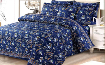 Premium Quilted & Printed Bedspread Set - Royal Blue Gold