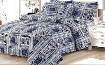Premium Quilted & Printed Bedspread Set -Blue Square