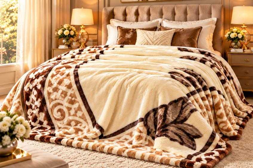 Cream brown floral blanket featuring elegant floral patterns and a soft texture on a cozy bed.