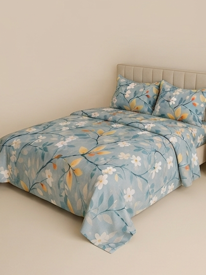 Sky blue floral satin bedsheet