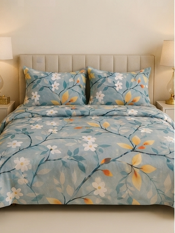 Sky blue floral satin bedsheet