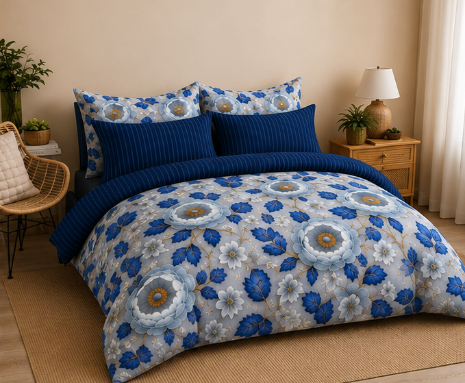 Vibrant blue floral 5D comforter set