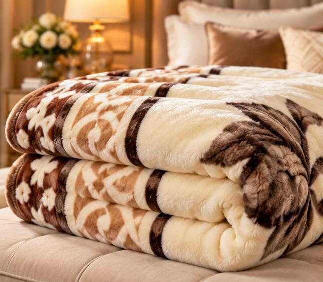 Cream brown floral blanket featuring elegant floral patterns and a soft texture on a cozy bed.